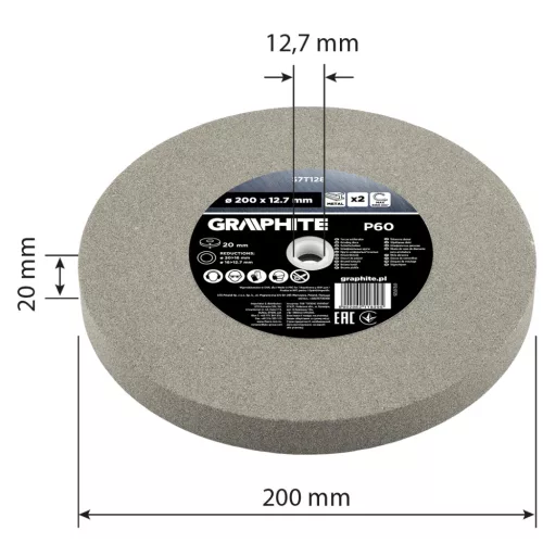 Köszörűkorong, 200x20/16/12.7x20mm, P60, 2db