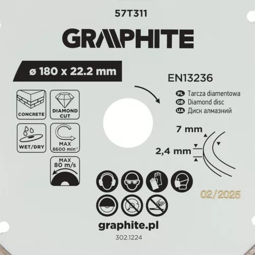 Gyémánt vágókorong 180x22.2mm, szegmenses, száraz és vizes