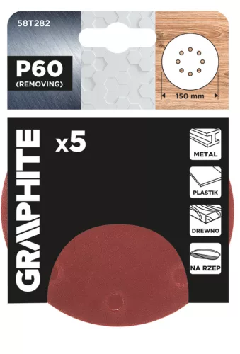 Csiszolókorong tépőzáras 150mm, P60, 8 lyukkal, 5db, min. rendelés: 3cs