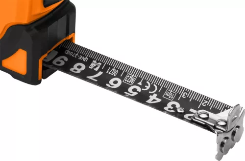 Mérőszalag 5m / 19mm, erősített rugó, acél, fekete szalag fehér nagyított skála, mágnes, autostop+rögzítő