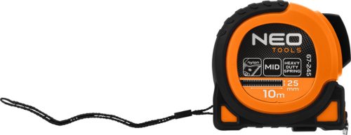 Mérőszalag 10m / 25mm, erősített rugó, acél, fekete szalag fehér nagyított skála, mágnes, autostop+rögzítő