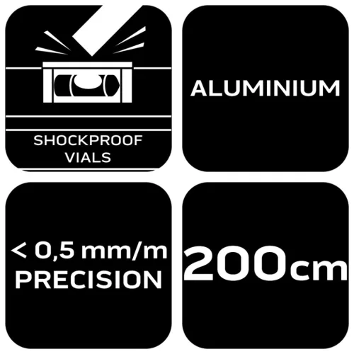 Vízmérték 200cm, alu, 3 libella, 1 fogantyú, S400, min. rendelés: 3db