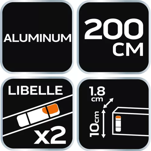 Ölesléc 200cm, 2 libella, vízszintes, függőleges, min. rendelés: 3db