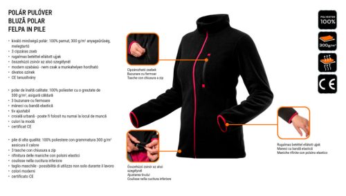 Női polár munkapulóver fekete 300g/m2, XL