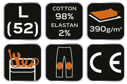 Farmer munkásnadrág, Denim, 98% pamut, térdvédő betét zsebbel, gombos oldalzsebekkel, 255 g/m2, L