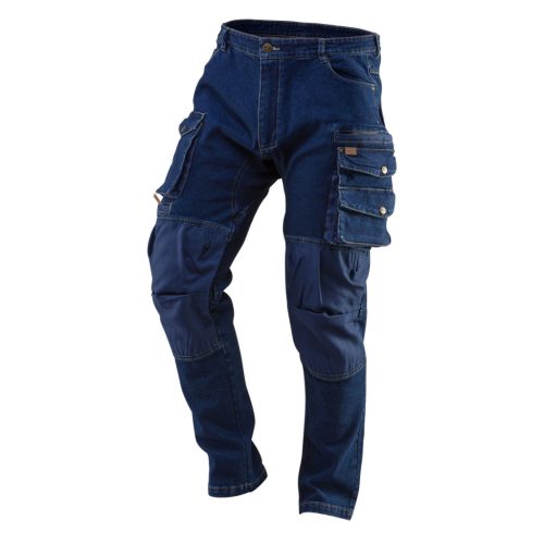 Farmer Munkásnadrág, DENIM, 98% pamut, térdvédő betét zsebbel, gombos oldalzsebekkel, 255 g/m2, M