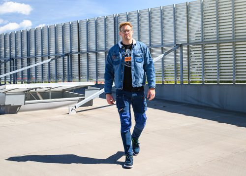 Farmer munkásnadrág, Denim, 98% pamut, térdvédő betét zsebbel, gombos oldalzsebekkel, 255 g/m2, M