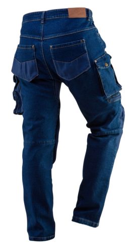 Farmer munkásnadrág, Denim, 98% pamut, térdvédő betét zsebbel, gombos oldalzsebekkel, 255 g/m2, M