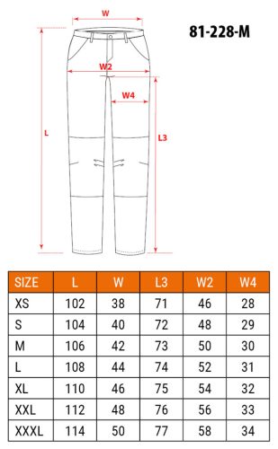 Farmer munkásnadrág, Denim, 98% pamut, térdvédő betét zsebbel, gombos oldalzsebekkel, 255 g/m2, M