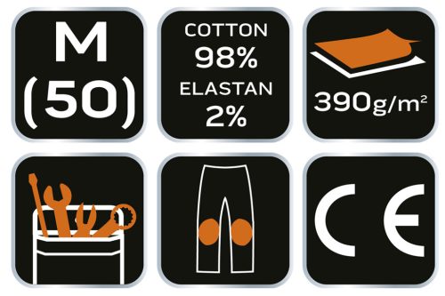 Farmer munkásnadrág, Denim, 98% pamut, térdvédő betét zsebbel, gombos oldalzsebekkel, 255 g/m2, M