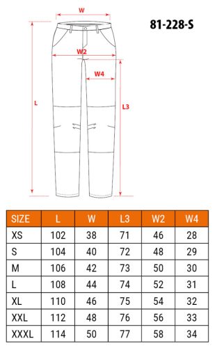 Farmer munkásnadrág, Denim, 98% pamut, térdvédő betét zsebbel, gombos oldalzsebekkel, 255 g/m2, S