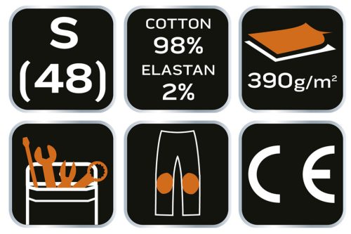 Farmer munkásnadrág, Denim, 98% pamut, térdvédő betét zsebbel, gombos oldalzsebekkel, 255 g/m2, S