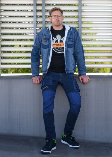Farmer munkásnadrág, Denim, 98% pamut, térdvédő betét zsebbel, gombos oldalzsebekkel, 255 g/m2, XL