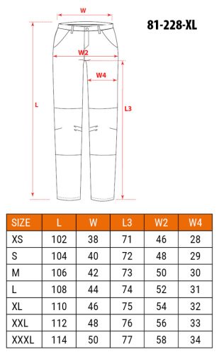 Farmer munkásnadrág, Denim, 98% pamut, térdvédő betét zsebbel, gombos oldalzsebekkel, 255 g/m2, XL