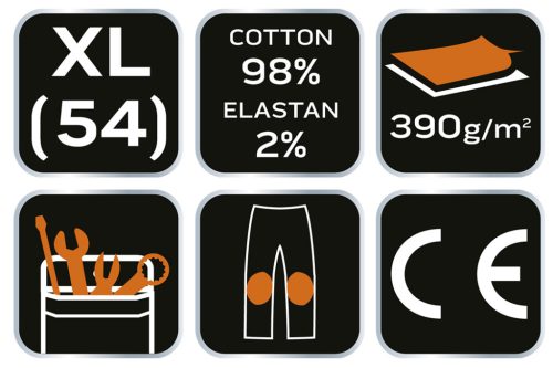 Farmer munkásnadrág, Denim, 98% pamut, térdvédő betét zsebbel, gombos oldalzsebekkel, 255 g/m2, XL