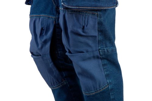 Farmer munkásnadrág, Denim, 98% pamut, térdvédő betét zsebbel, gombos oldalzsebekkel, 255 g/m2, XS