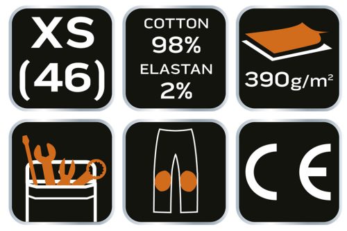 Farmer munkásnadrág, Denim, 98% pamut, térdvédő betét zsebbel, gombos oldalzsebekkel, 255 g/m2, XS