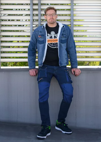 Farmer munkásnadrág, Denim, 98% pamut, térdvédő betét zsebbel, gombos oldalzsebekkel, 255 g/m2, XXL
