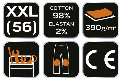 Farmer munkásnadrág, Denim, 98% pamut, térdvédő betét zsebbel, gombos oldalzsebekkel, 255 g/m2, XXL