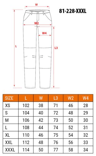 Farmer munkásnadrág, Denim, 98% pamut, térdvédő betét zsebbel, gombos oldalzsebekkel, 255 g/m2, XXXL
