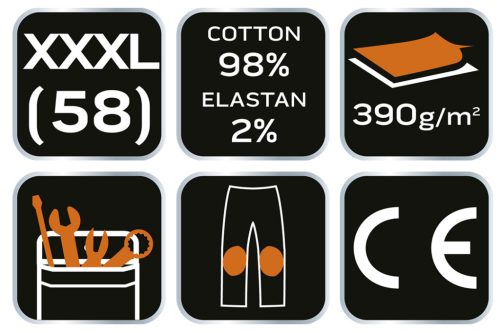 Farmer munkásnadrág, Denim, 98% pamut, térdvédő betét zsebbel, gombos oldalzsebekkel, 255 g/m2, XXXL