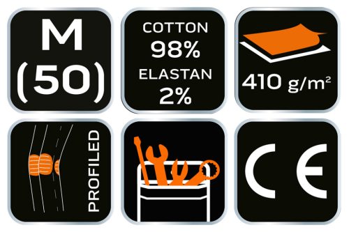 Farmer munkásnadrág, Denim, fekete, cipzáros oldalzsebekkel, 98% pamut, 410 g/m2, M