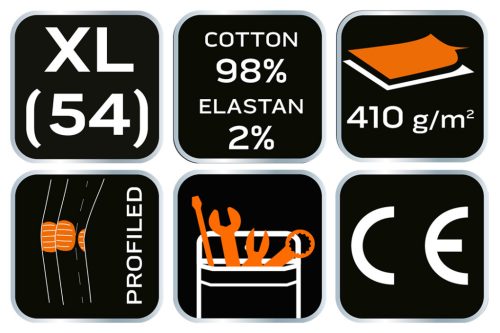 Farmer munkásnadrág, Denim, fekete, cipzáros oldalzsebekkel, 98% pamut, 410 g/m2, XL