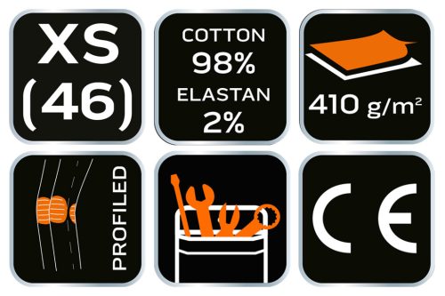 Farmer munkásnadrág, Denim, fekete, cipzáros oldalzsebekkel, 98% pamut, 410 g/m2, XS