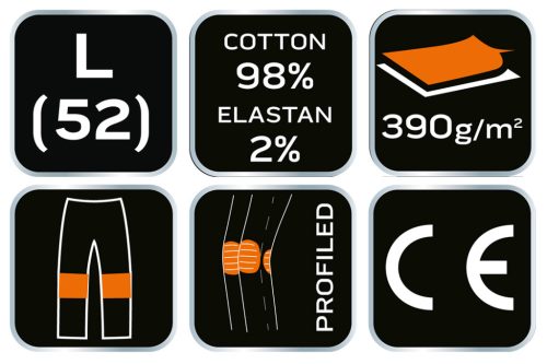 Farmer munkásnadrág, Denim, fekete, 98% pamut, térdvédő zseb, gombos oldalzsebek, 255 g/m2, L