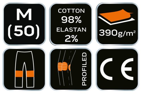 Farmer munkásnadrág, Denim, fekete, 98% pamut, térdvédő zseb, gombos oldalzsebek, 255 g/m2, M