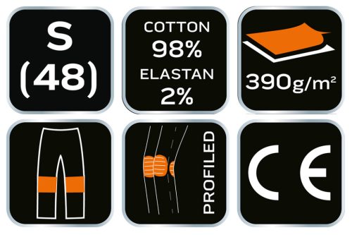 Farmer munkásnadrág, Denim, fekete, 98% pamut, térdvédő zseb, gombos oldalzsebek, 255 g/m2, S