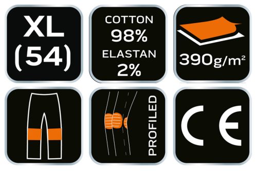 Farmer munkásnadrág, Denim, fekete, 98% pamut, térdvédő zseb, gombos oldalzsebek, 255 g/m2, XL