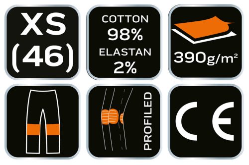 Farmer munkásnadrág, Denim, fekete, 98% pamut, térdvédő zseb, gombos oldalzsebek, 255 g/m2, XS