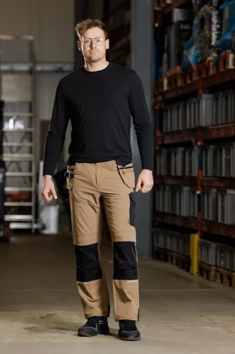 Munkásnadrág Mix&Match, 4 irányú sztreccs, 230g/m2, külső csavarzsebek, Cordura erősítés, bézs-fekete, XXL