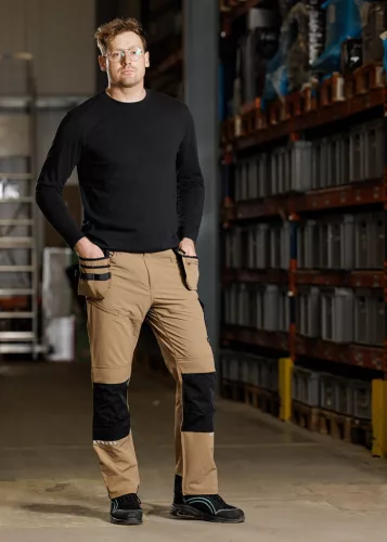 Munkásnadrág Mix&Match, 4 irányú sztreccs, 230g/m2, külső csavarzsebek, Cordura erősítés, bézs-fekete, XXXL