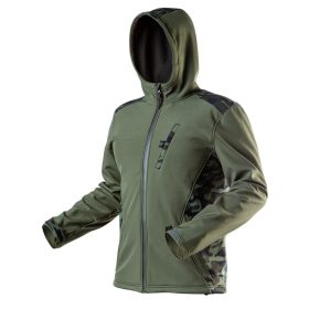   Terepmintás softshell munkavédelmi kabát, víz- és szélálló, kapucni, CAMO, vízáll: 5000mm, L