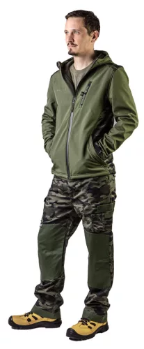 Terepmintás softshell munkavédelmi kabát, víz- és szélálló, kapucni, CAMO, vízáll: 5000mm, L