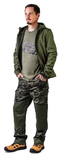 Terepmintás softshell munkavédelmi kabát, víz- és szélálló, kapucni, CAMO, vízáll: 5000mm, XXL