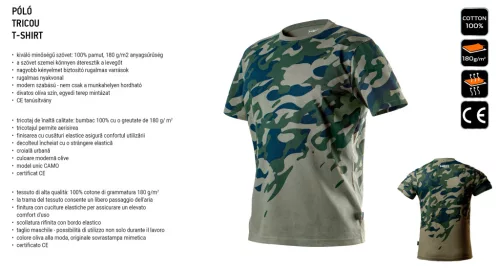 Munkavédelmi póló, CAMO, terepmintás, olíva, 100% pamut, 180g/m2, L