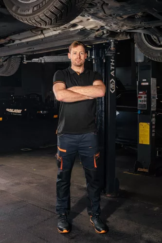 Munkavédelmi póló, fekete, galléros, Garage, pique, 100% pamut, 195g/m2, L