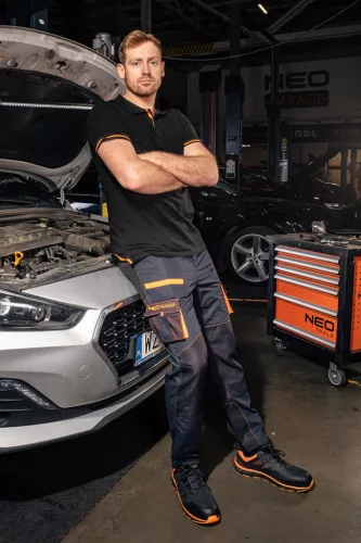 Munkavédelmi póló, fekete, galléros, Garage, pique, 100% pamut, 195g/m2, XL