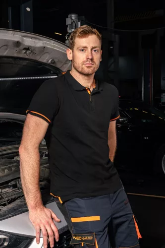 Munkavédelmi póló, fekete, galléros, Garage, pique, 100% pamut, 195g/m2, XL
