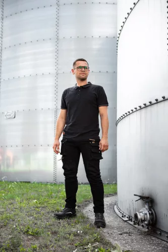 Munkavédelmi póló, galléros, Denim, fekete, pique, 100% pamut, 196g/m2, XL