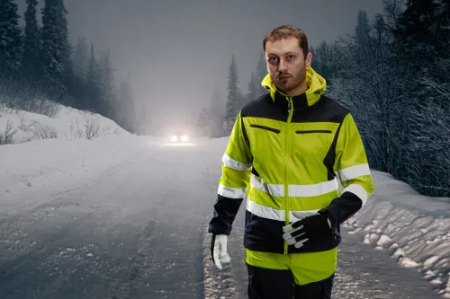 Láthatósági softshell munkavédelmi kabát, kapucnival, sárga, S