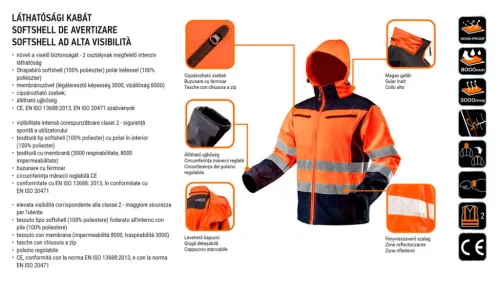Láthatósági softshell munkavédelmi kabát, kapucnival, narancssárga, S