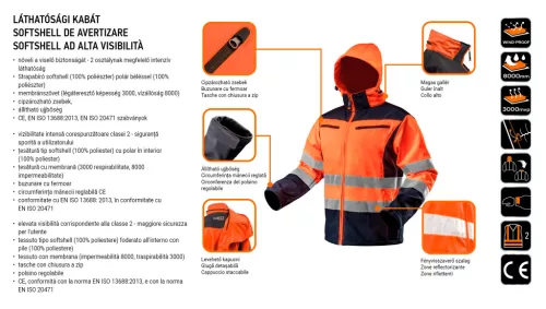 Láthatósági softshell munkavédelmi kabát, kapucnival, narancssárga, S