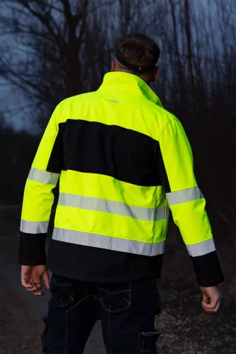 Láthatósági munkavédelmi kabát, softshell, neonsárga-fekete, M