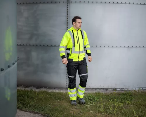 Láthatósági munkásnadrág Mix&Match, 1. oszt., 240g/m2, külső zsebek, profilozott térdbetét, fek.-sárga, L