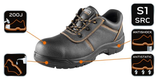 Munkavédelmi cipő, bőr, S1 SRC, acél orrmerevítés, 43