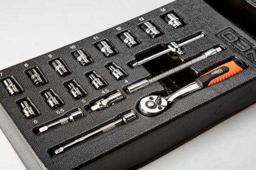 Dugókulcskészlet 1/4", 4-14mm, műhelykocsitálcával, 19db